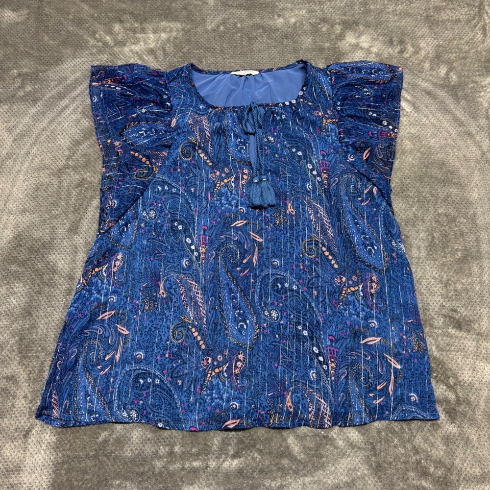 Lucky‎ Brand Blue Paisley Metallic Lurex Tassel Flutter Sleeve Blouse Large